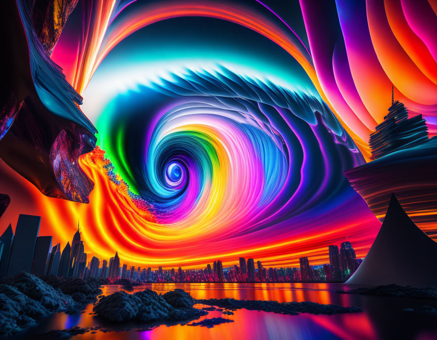 Colorful surreal cityscape with neon vortex sky and silhouetted skyscrapers at dusk