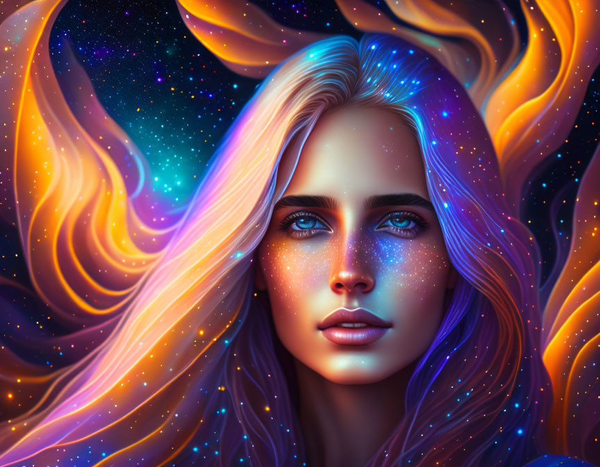 Cosmic digital art portrait of woman with flowing hair and starry features