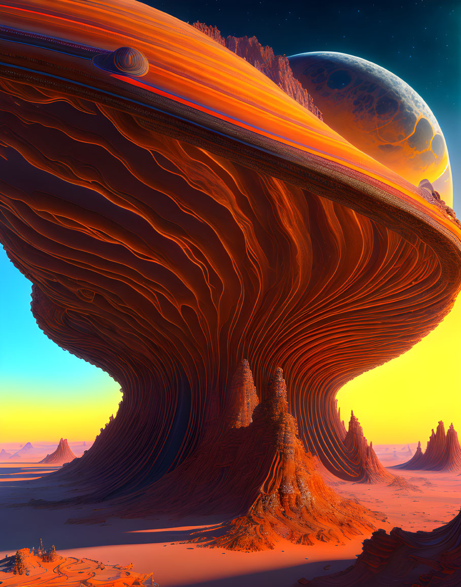 Massive ringed planet in surreal desert landscape