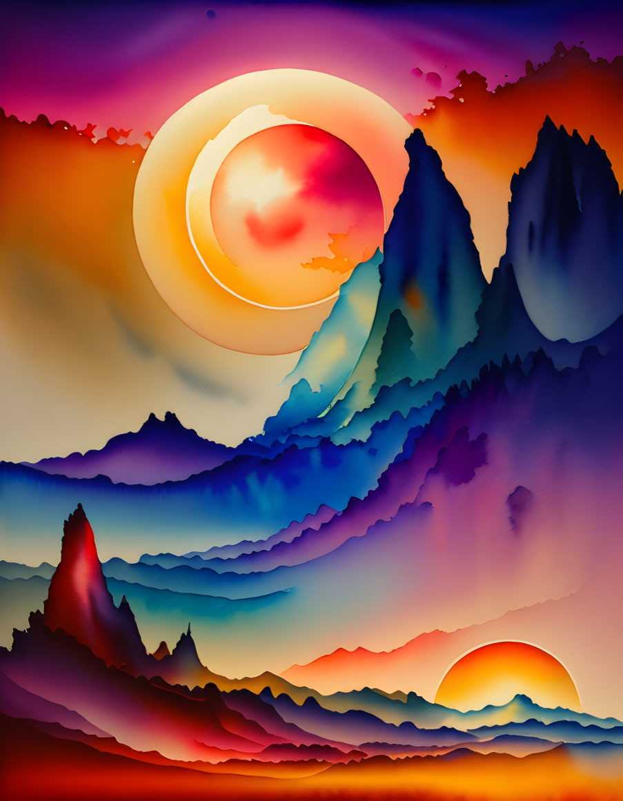 Surreal landscape with layered blue mountains and red-orange sky