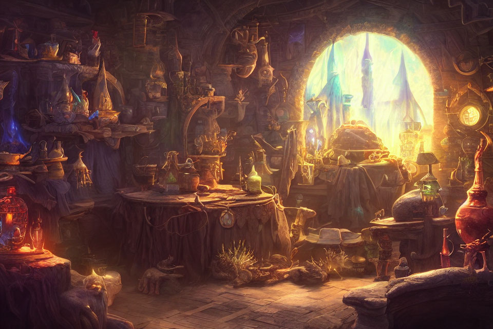 Magical wizard's workshop with potions, books, and artifacts in warm sunlight