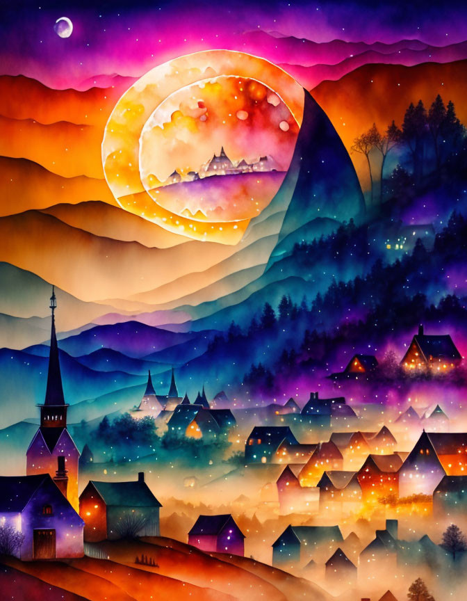 Vibrant watercolor painting of a quaint village at dusk with illuminated houses, church spire,