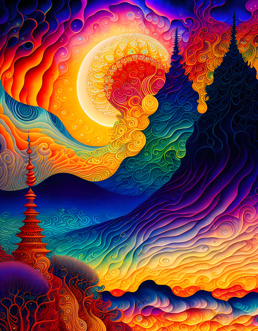 Colorful Psychedelic Artwork: Sun, Swirling Patterns, Pagoda, Pine Trees