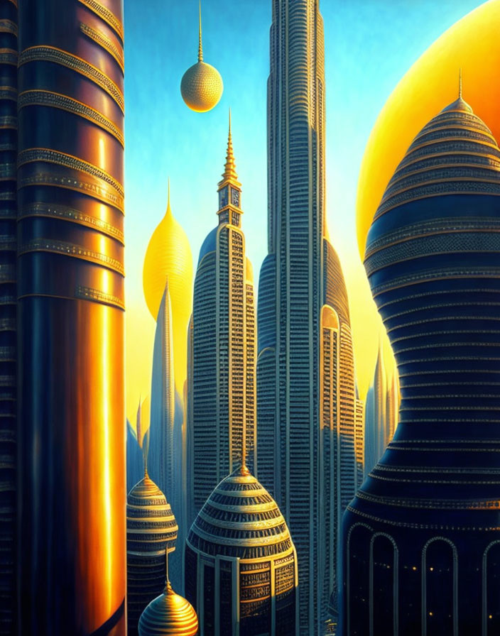 Golden Skyscrapers in Futuristic Cityscape at Sunrise