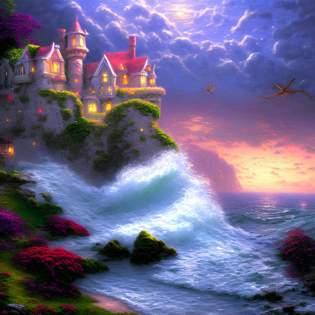 Cliffside castle at twilight with crashing waves, lush greenery, and vibrant flowers