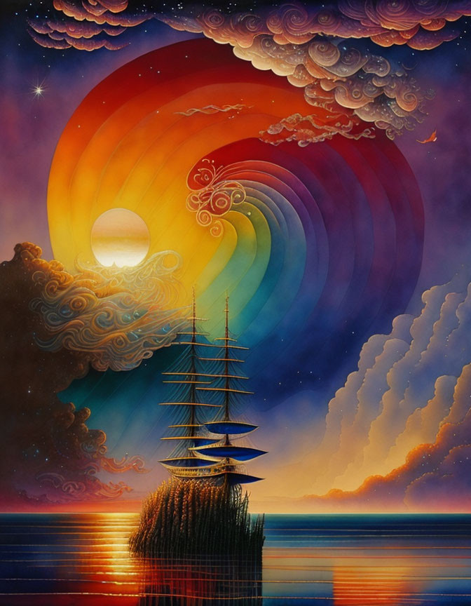 Sailing ship painting: calm waters, sunset sky