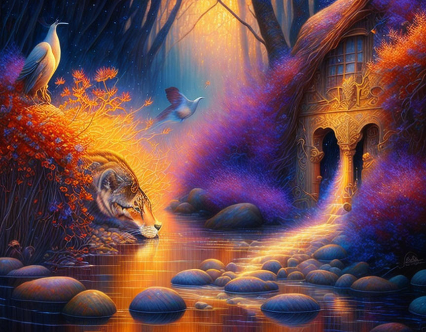 Luminous tiger, mystical house, heron in glowing forest scene