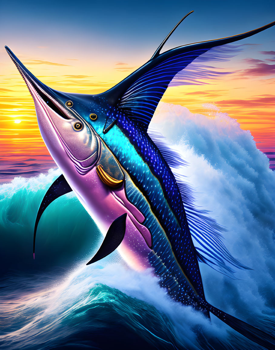 Colorful Marlin Leaping from Ocean at Sunset