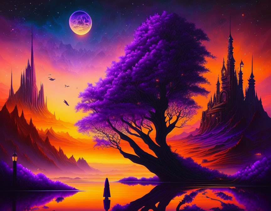 Fantasy landscape at dusk: purple tree, castle, mountains, birds, lake, moon in orange