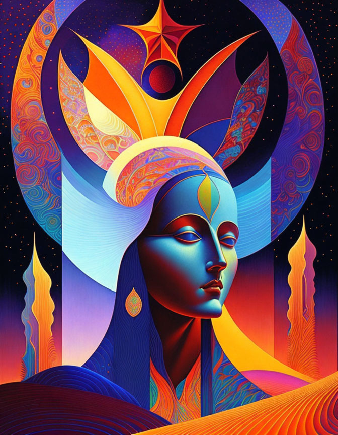 Colorful Stylized Woman's Face Against Cosmic Background