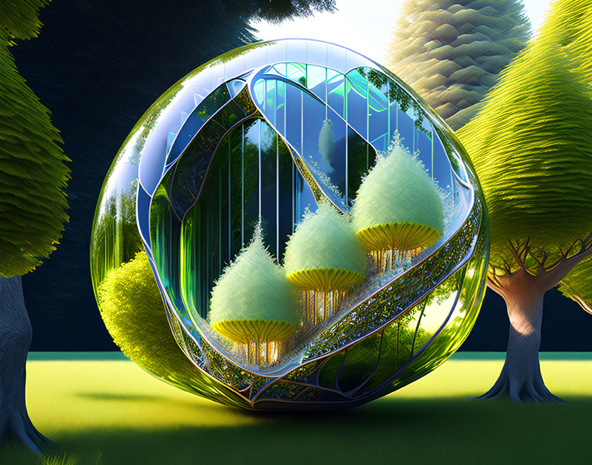 Glass sphere with metal structures and floating islands in lush forest setting