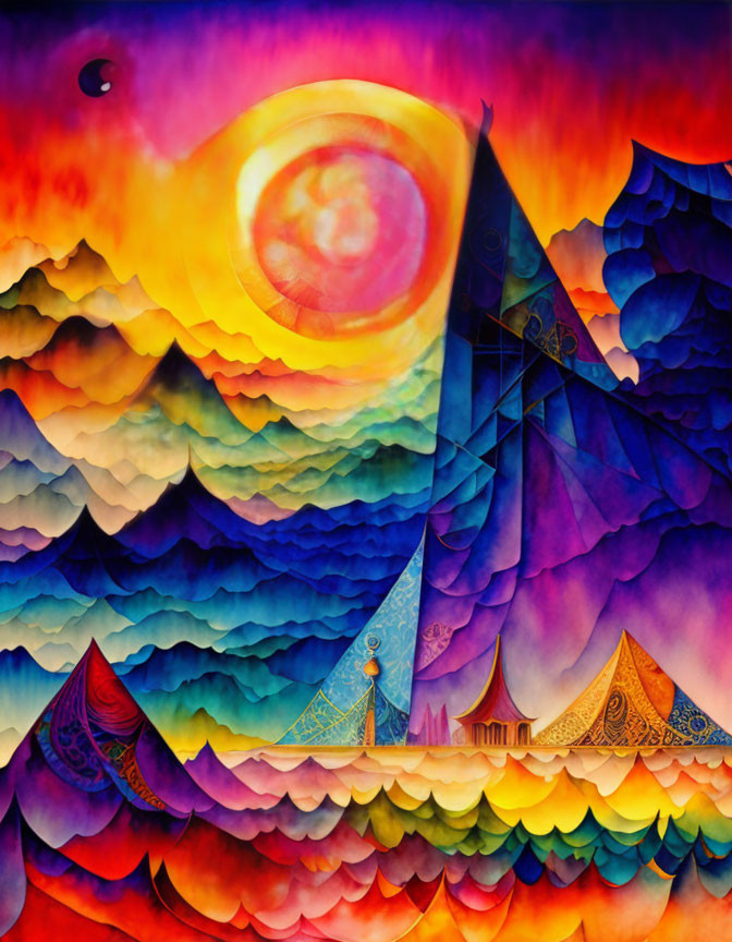 Colorful surreal painting of layered mountains and swirling sun