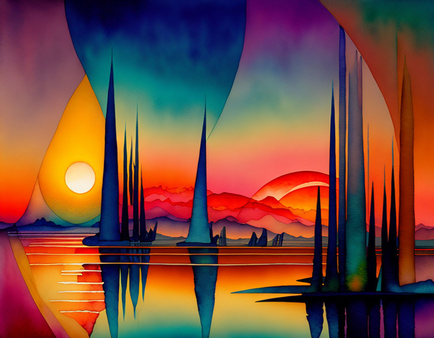 Vibrant surreal landscape with elongated structures and setting sun