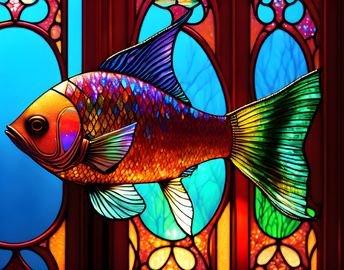 Colorful Fish Stained Glass Window with Red and Blue Hues