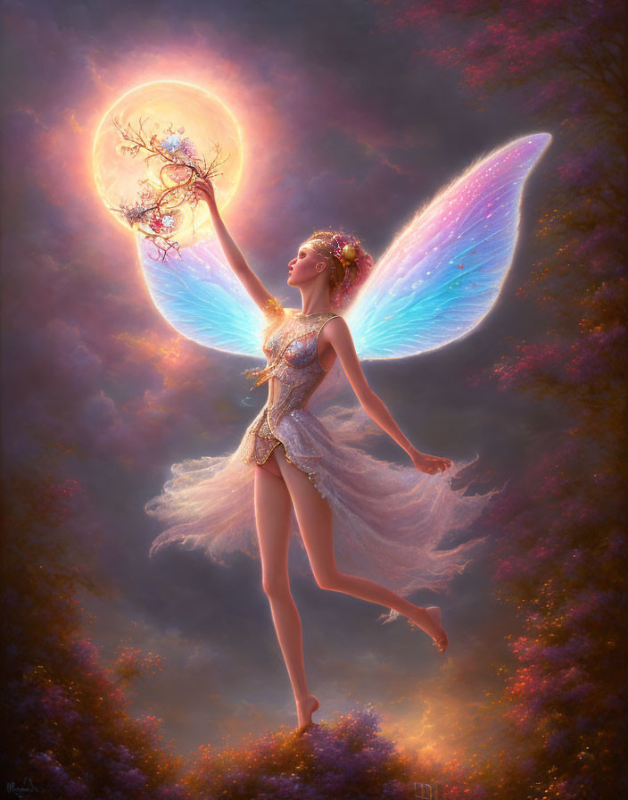 Iridescent-winged fairy with glowing orb in twilight forest