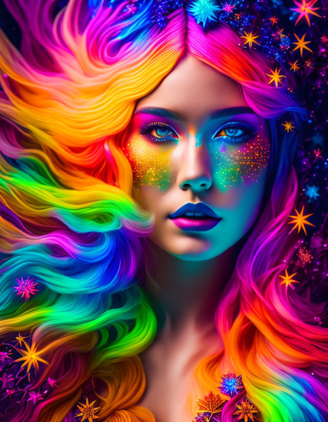 Colorful portrait of woman with rainbow hair and sparkling stars in vividly painted face