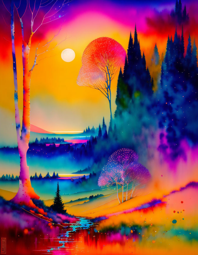 Colorful Twilight Landscape with Full Moon, Trees, and Reflective River