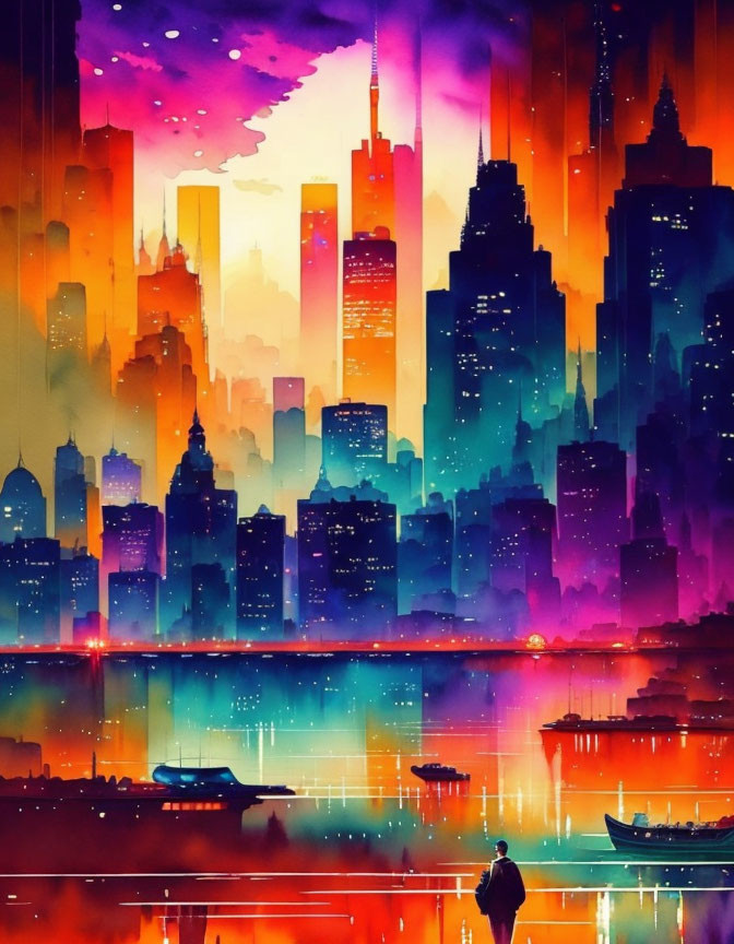 Vibrant cityscape digital art: sunset, skyscrapers, water, boats, solitary figure