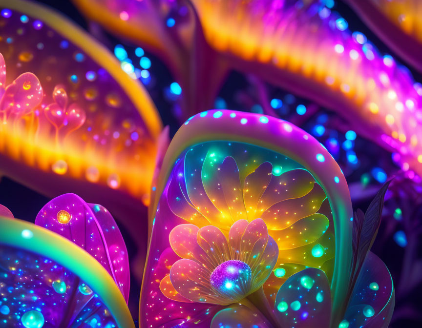 Colorful Psychedelic Digital Art: Neon Flowers in Fantasy Landscape