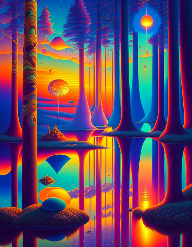 Surreal neon landscape with reflective waters & floating islands