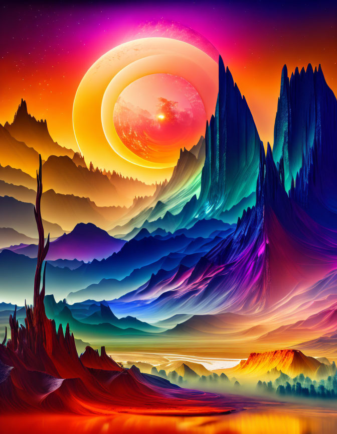 Majestic mountains and fantasy planet in vibrant digital artwork