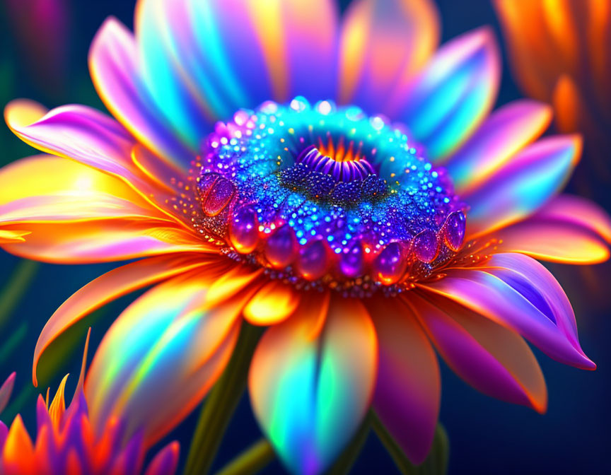 Colorful Flower Artwork with Luminous Petals and Glittering Water Droplets