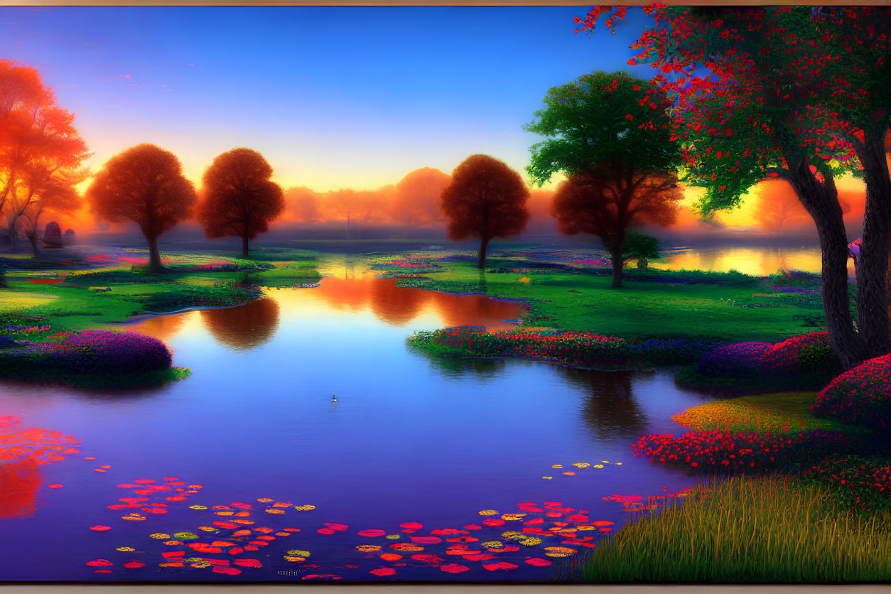 Colorful Dusk Landscape with River, Flowers, Trees, and Orange Sky