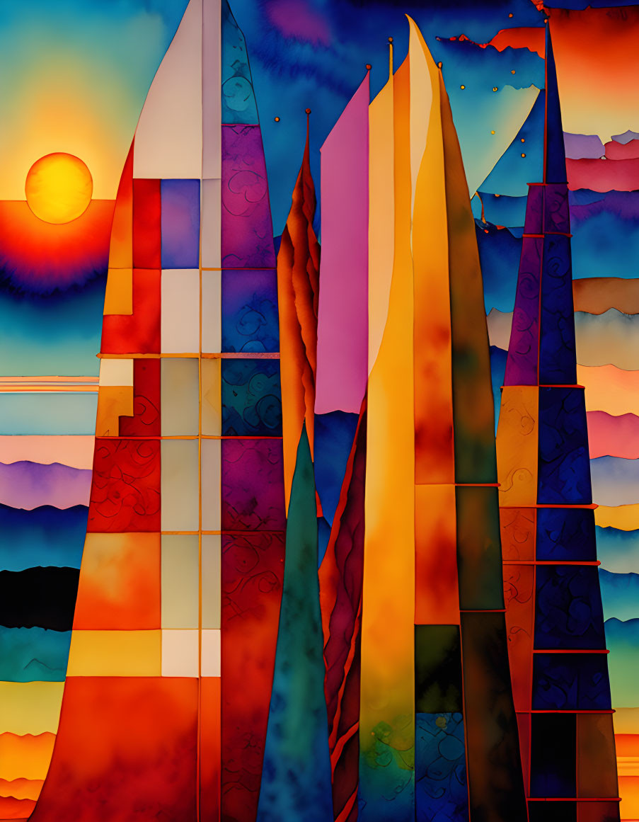 Colorful Abstract Art: Stylized Buildings at Sunset