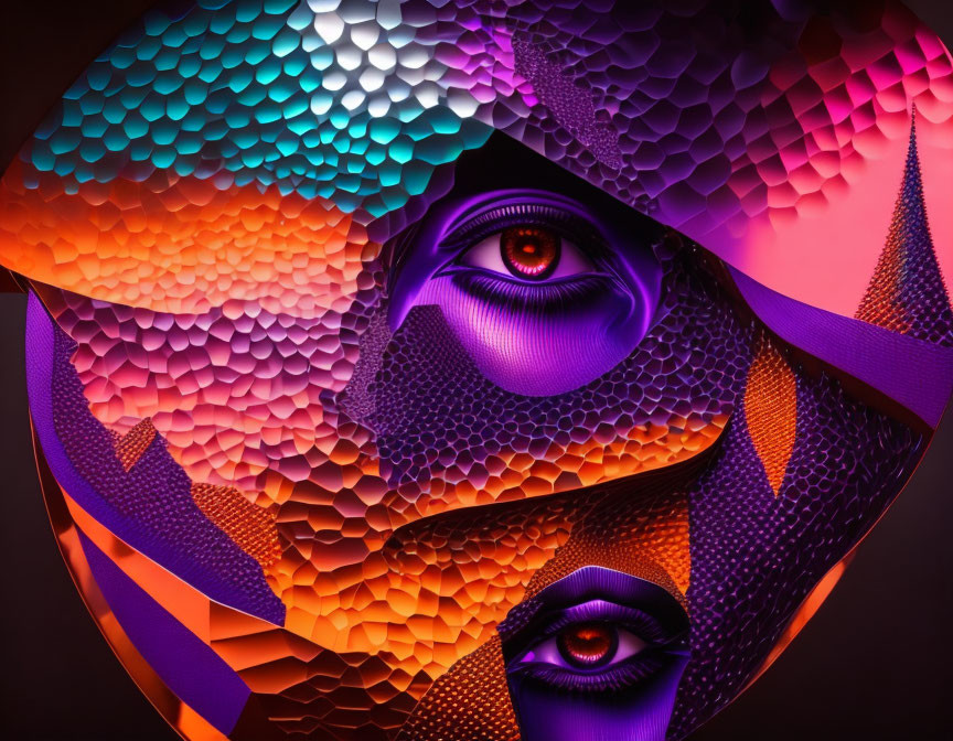 Abstract Digital Artwork: Stylized Eyes in Colorful Hexagonal Patterns