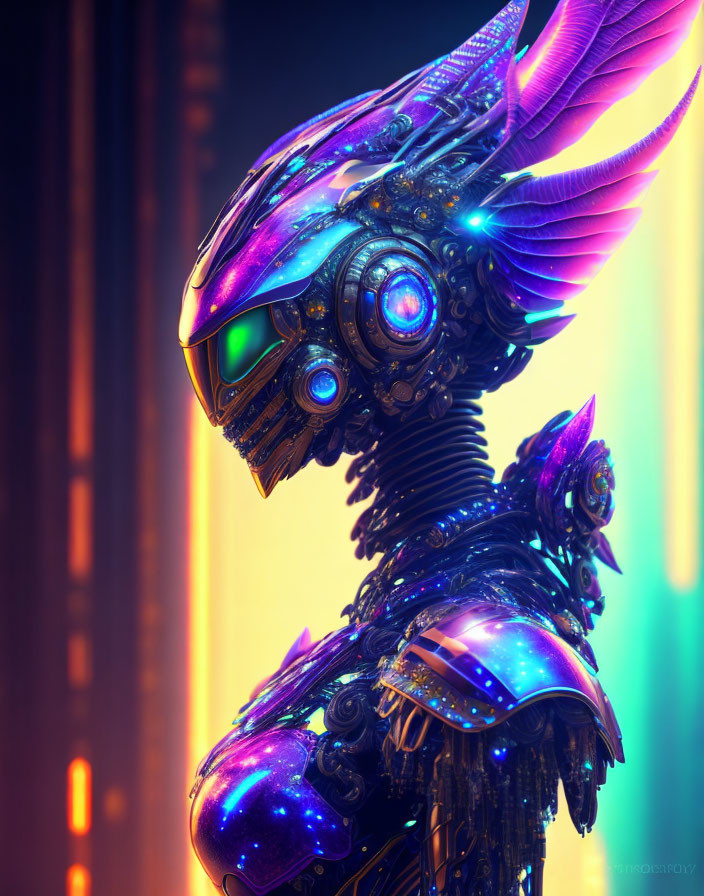 Detailed robotic bird with iridescent purple and blue hues under ambient orange light