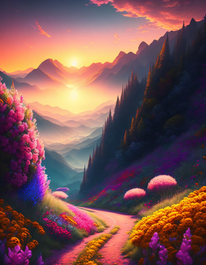 Scenic sunset over layered mountains with winding road and colorful flowers