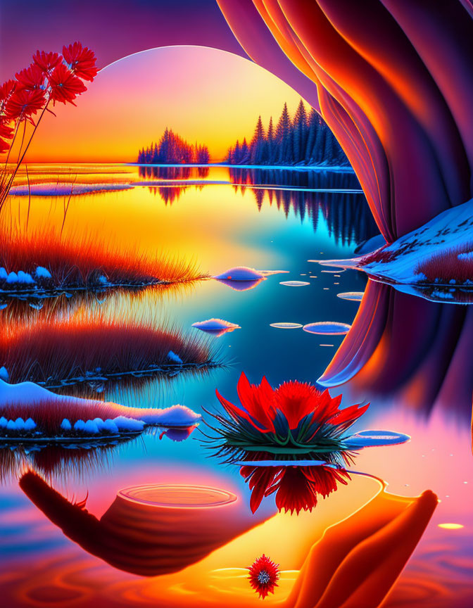 Surreal landscape with mirrored lake, crimson flowers, and purple dusk sky