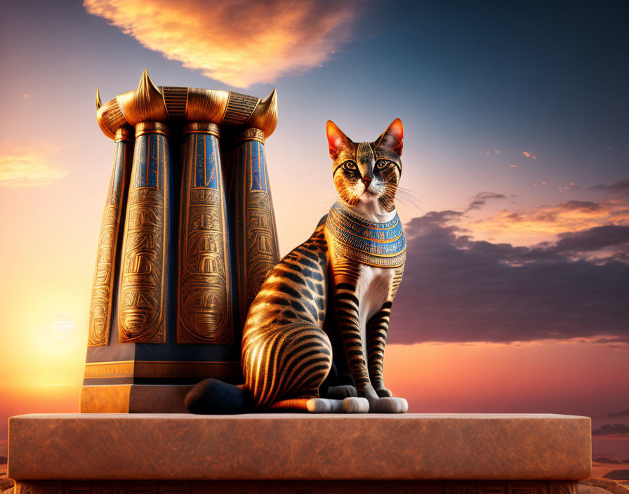 Ancient Egyptian-style cat with necklace by pharaoh's throne