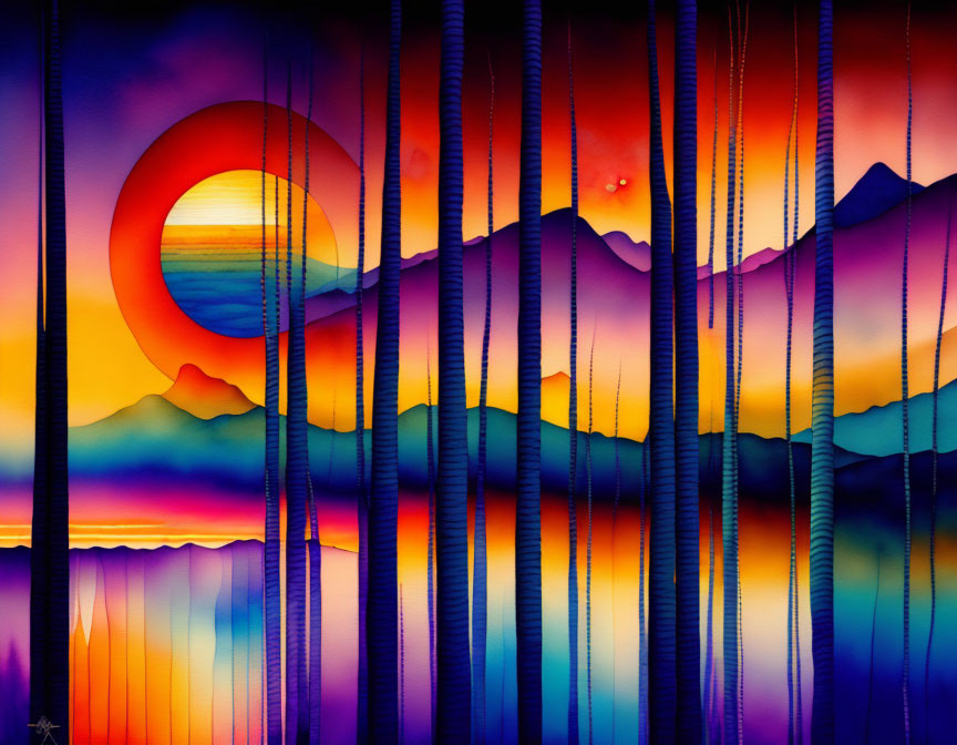 Colorful sunset over mountain with sun and water reflections, segmented by bamboo-like lines