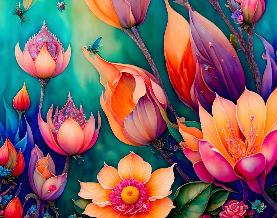 Colorful Floral Painting with Hummingbirds in Orange, Pink, and Blue