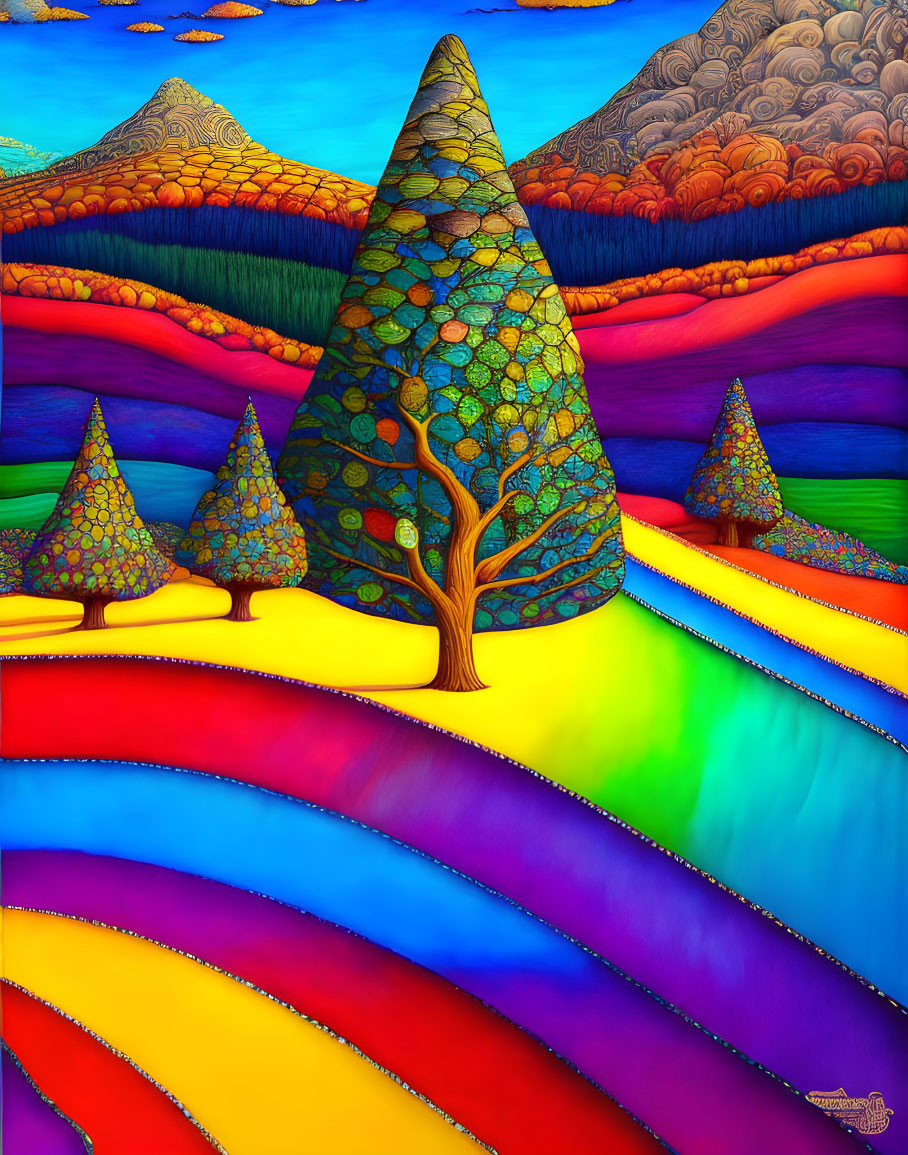 Colorful Landscape with Patterned Trees on Wavy Hills and Psychedelic Sky