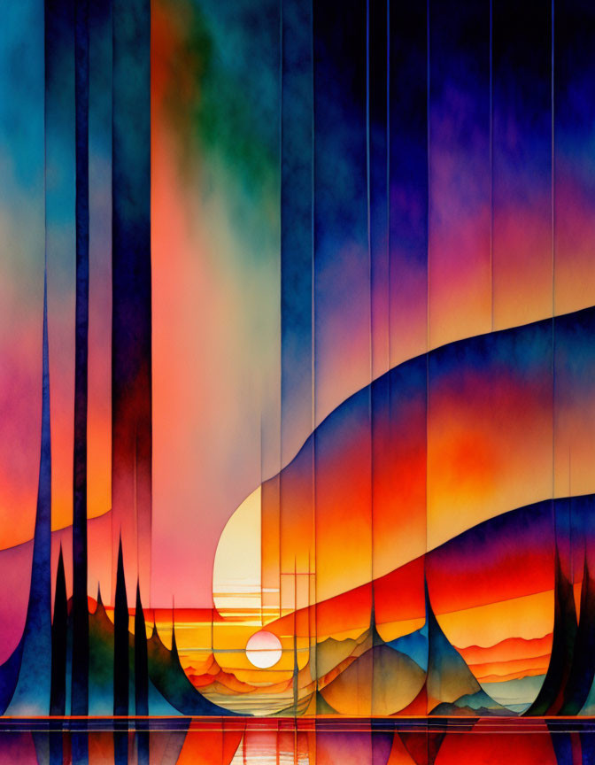 Colorful Abstract Landscape with Sunset Hues and Stylized Waves