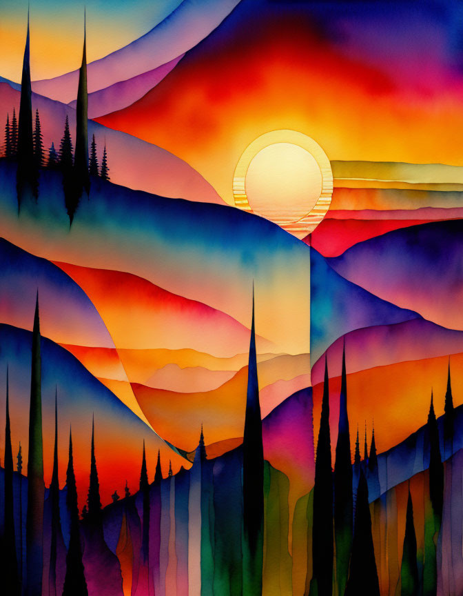 Colorful Watercolor Painting of Sunset with Layered Mountains and Silhouetted Pine Trees