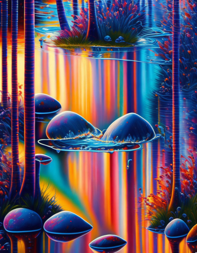 Colorful Surreal Landscape with Reflective Elements