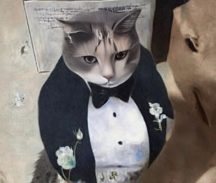 Surreal cat with human-like body in black tuxedo and bow tie