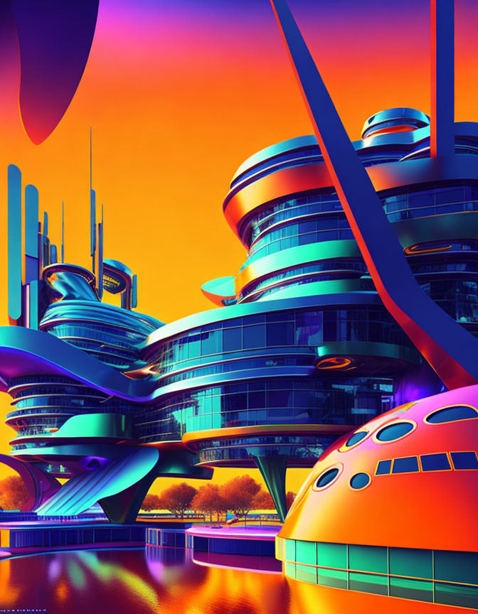 Futuristic cityscape with neon-lit skyscrapers and domed building