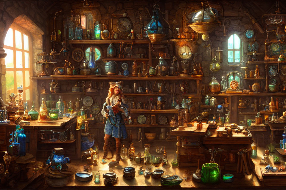 Medieval woman in alchemist's lab with potions and books