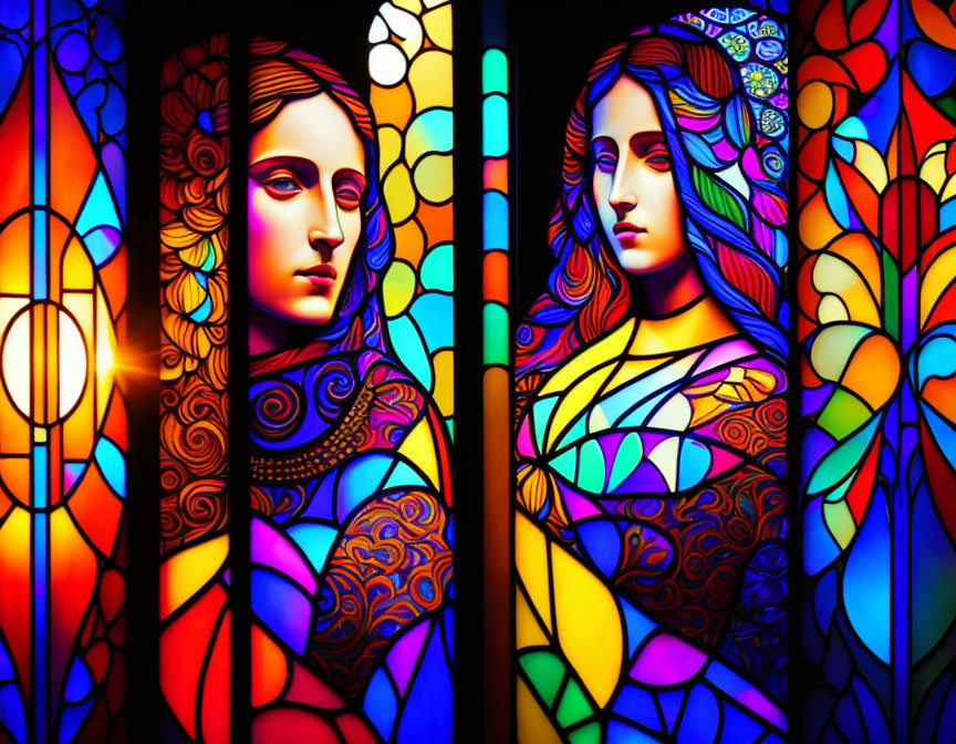 Colorful stained-glass artwork of two women with intricate patterns