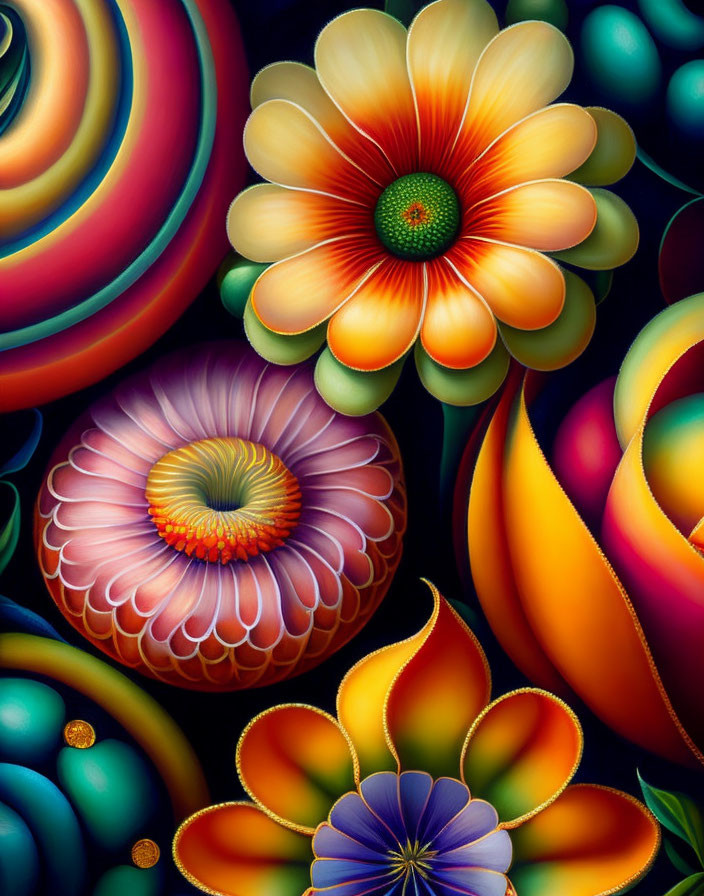 Vibrant digital artwork of stylized flowers on dark background