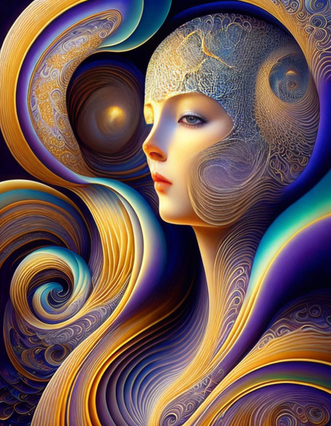 Colorful surreal portrait of a woman with swirling patterns and abstract shapes.