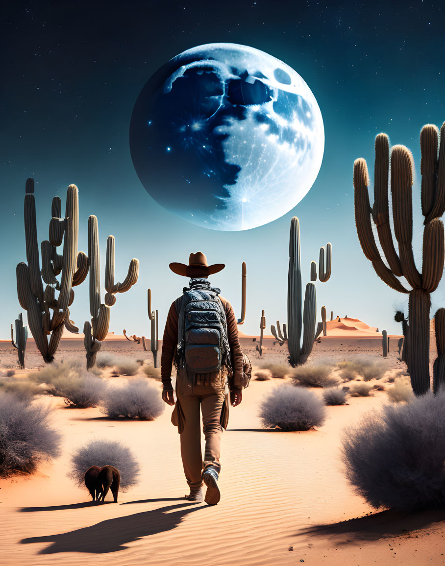 Person with backpack and dog approaching giant Earth in desert with cacti and starry sky