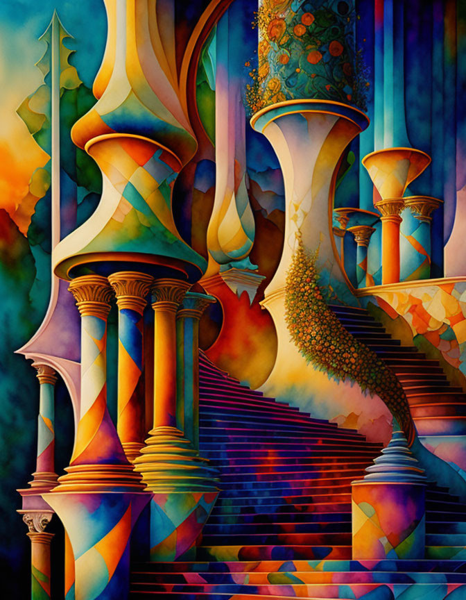 Colorful Surreal Painting of Twisting Staircases and Columns