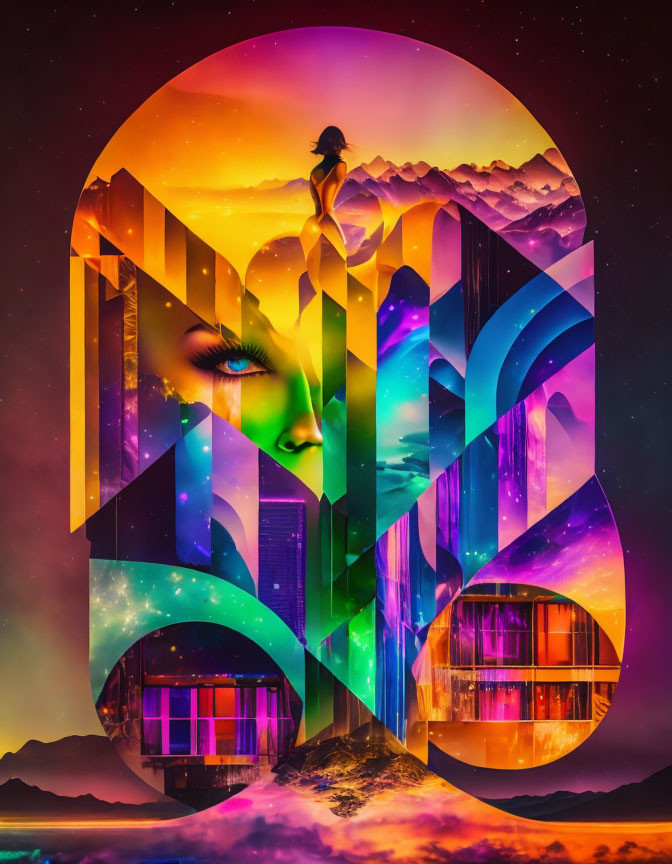 Colorful Collage: Woman's Silhouette, Eye Close-Up, Mountains, and Futuristic Buildings