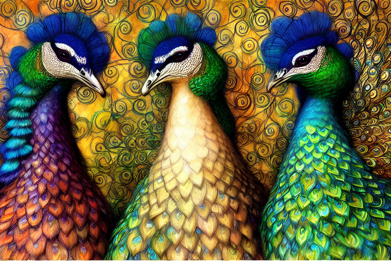 Colorful Stylized Peacocks on Ornate Background