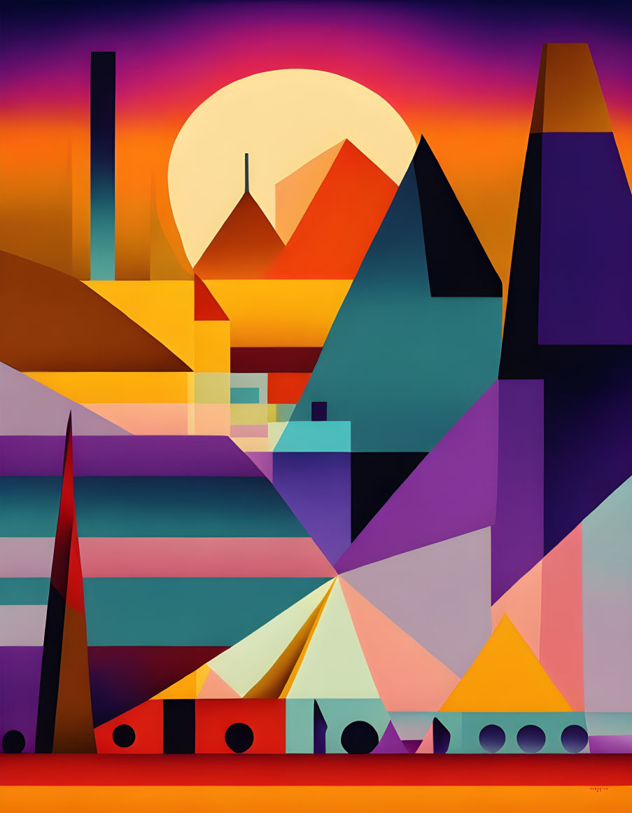 Colorful Abstract Geometric Landscape with Sun, Mountains, and Train